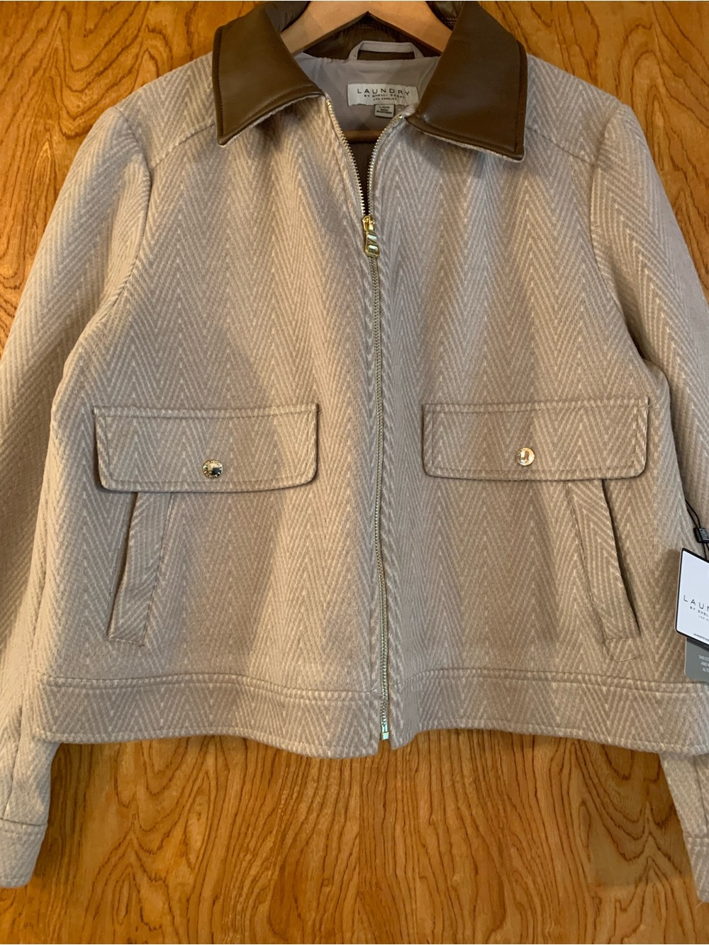 NWT Laundry by Shelli Segal Women's Cream Herringbone Jacket with Brown Collar